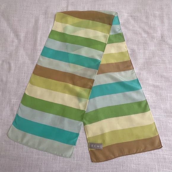 •Echo Vintage Striped 100%Silk Signed Logo Scarf 54”x11” - Picture 4 of 10